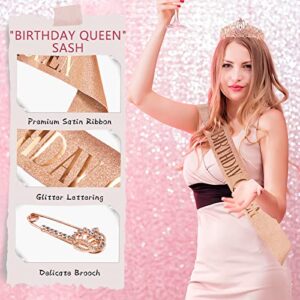 "BIRTHDAY QUEEN" Sash and Rhinestone Tiara Set, Birthday Tiara Crown Glitter Crystal Glitter Headband Hair Accessories for Girls Women Birthday Decorations Kit, Party Favors (Rose Gold)