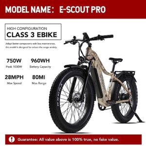 Young Electric E-Scout PRO, 750W Electric Bike Adults, 80Miles Motor Ebike, 48V 20Ah Battery, 26'' Fat Tire 28MPH Men Women Bicycle for Snow Beach Mountain Off Road Commuter (Desert Camo)