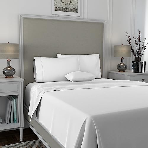 AIREOLUX 600 Thread Count 100% Cotton 4 Piece Bed Sheet Set, Bedding Queen Sheets Sateen Weave, Wrinkle Free, Soft & Silky, Low Pill, Fitted Sheet Fits Upto 18" Deep Pocket, White