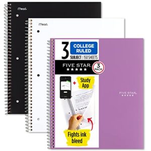 five star spiral notebook + study app, 3 pack, 3 subject, college ruled paper, fights ink bleed, water resistant cover, 8-1/2" x 11", 150 sheets, black, white, purple (820192)