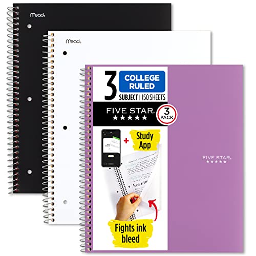 Five Star Spiral Notebook + Study App, 3 Pack, 3 Subject, College Ruled Paper, Fights Ink Bleed, Water Resistant Cover, 8-1/2" x 11", 150 Sheets, Black, White, Purple (820192)