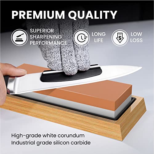 Knife Sharpening Stone Set, 4 Side Grit 400/1000 3000/8000 Whetstone, Professional Knife Sharpener, Knife Sharpening Stone Kit with Bamboo Base,Cut Resistant Gloves,Angle Guide and Leather Strop