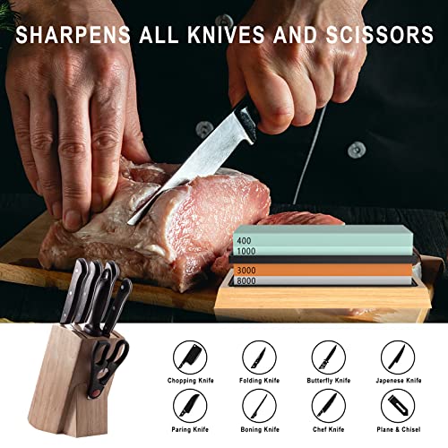 Knife Sharpening Stone Set, 4 Side Grit 400/1000 3000/8000 Whetstone, Professional Knife Sharpener, Knife Sharpening Stone Kit with Bamboo Base,Cut Resistant Gloves,Angle Guide and Leather Strop