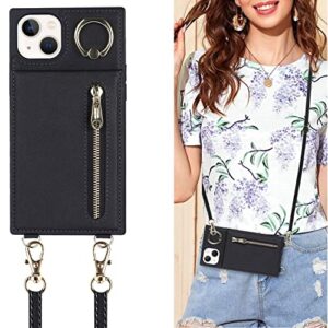 jaorty iphone 13 mini case with card holder,crossbody wallet case for iphone 13 mini with strap for women，[ring holder kickstand] lanyard leather pu magnetic clasp zipper purse,5.4" black