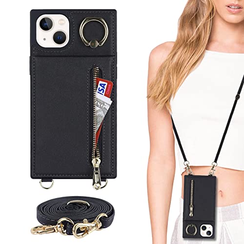 Jaorty iPhone 13 Mini Case with Card Holder,Crossbody Wallet Case for iPhone 13 Mini with Strap for Women，[Ring Holder Kickstand] Lanyard Leather PU Magnetic Clasp Zipper Purse,5.4" Black