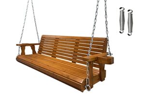 wooden porch swing 3-seater, bench swing with cupholders, hanging chains and 7mm springs, heavy duty 800 lbs, for outdoor patio garden yard, brown-5 feet