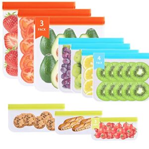 reusable food storage bags- 10 pack leakproof reusable freezer bags (3 reusable gallon bags +4 reusable sandwich bags + 3 reusable snack bags)，silicone food bags for meat fruits and vegetables.