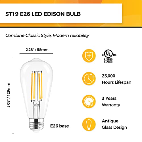 Hizashi Dimmable Edison Bulbs 60 Watt LED, E26 Bulb 2700K Warm White ST19 Vintage Light Bulbs, 95+CRI, UL Listed,700LM 6W E26 Medium Base, Clear Glass, Pack of 4