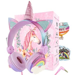 soosooly unicorns headphones for kids/teens, unicorns gifts for girls,3.5mm on-ear wired headset with nylon cable for travel/school/ipad/smartphones/pc/kindle/tablet/laptop - pink& purple