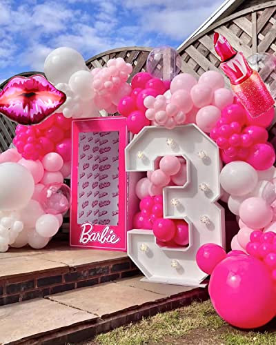 128Pcs Pink Balloon Garland Arch Kit,Hot Pink Baby Pink White Balloons with Heart Lip Lipstick Balloon for Girls Birthday Princess Theme Party Background Bridal Shower Barbie Baby Shower Decorations