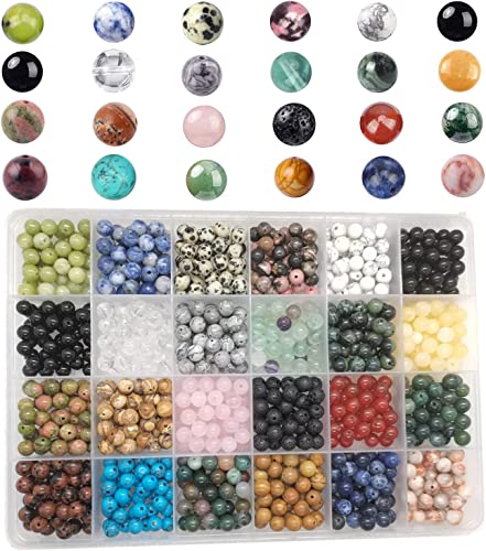 Basigeese 960pcs Natural Stone Beads Polished Beading 6mm Loose Beads Gemstone Crystal Energy Stone Healing Power for DIY Jewelry Making(6mm 24Materials A)