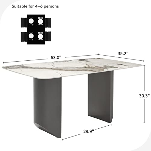 HERNEST 63" Rectangular Sintered Stone Dining Table for 4-6, Heavy Duty Dining Room Table with Semi-Circular Stainless Steel Pedestal Modern Kitchen Table for Living Room, Pandora