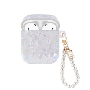 glitter shell design case for airpods 1/2 with pearl wrist chain keychain,colorful sparkle bling pretty cute protective skin cover for airpods 2nd generation tpu shock proof for women girls -white