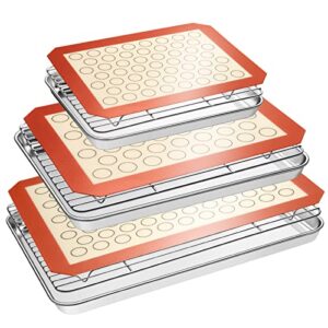 baking sheet tray cooling rack with silicone mat set, stainless steel cookie pan for oven, set of 9 (3 sheets + 3 racks mats), warp resistant & heavy duty easy clean