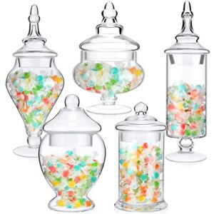 5 pieces glass apothecary jars with lids large candy buffet display decorative jars clear storage jars candy bar organizer canisters for kitchen bathroom wedding party, 5 shapes