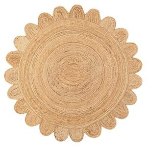 4x4, 5x5, 6x6, natural jute scallop round rug, floor natural scalloped edge rug braided boho eco large circular handmade area rugs (4x4 ft round rug)