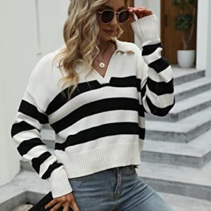 SHENHE Women's Casual Long Sleeve Knit Sweater V Neck Striped Pullover Jumper Tops White L