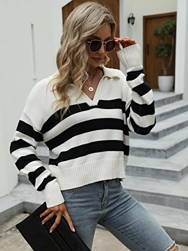 SHENHE Women's Casual Long Sleeve Knit Sweater V Neck Striped Pullover Jumper Tops White L