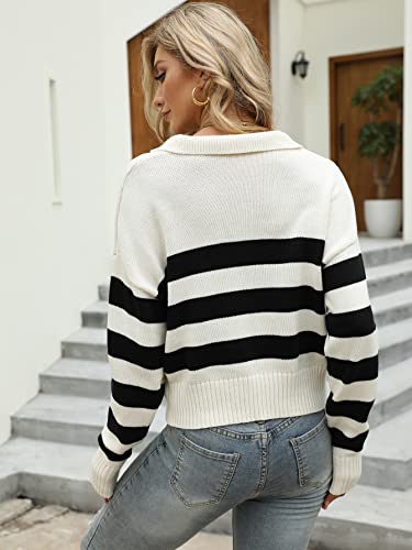 SHENHE Women's Casual Long Sleeve Knit Sweater V Neck Striped Pullover Jumper Tops White L