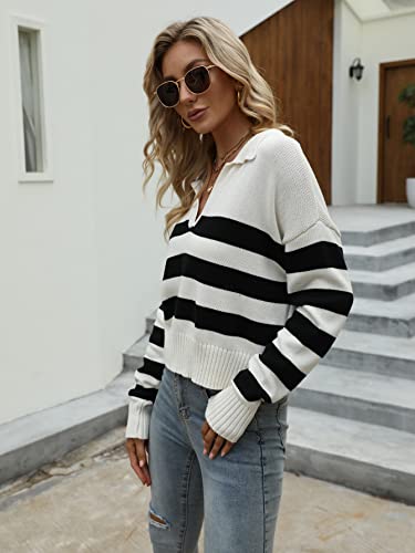 SHENHE Women's Casual Long Sleeve Knit Sweater V Neck Striped Pullover Jumper Tops White L