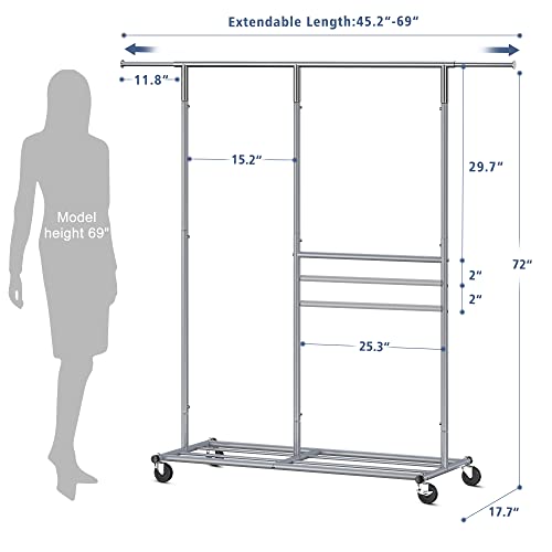 Raybee Clothes Rack Heavy Duty 405LBS Clothing Racks for Hanging Clothes 200+ Rolling Clothes Rack with Wheels Garment Rack Heavy Duty Clothing Rack with Shelves Portable Clothes Rack,Metal,Silver