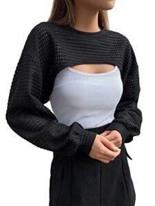 verdusa women's crop cover up long sleeve pointelle knit hollow out crochet see through knit top black m