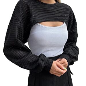 Verdusa Women's Crop Cover Up Long Sleeve Pointelle Knit Hollow Out Crochet See Through Knit Top Black M