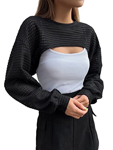 Verdusa Women's Crop Cover Up Long Sleeve Pointelle Knit Hollow Out Crochet See Through Knit Top Black M