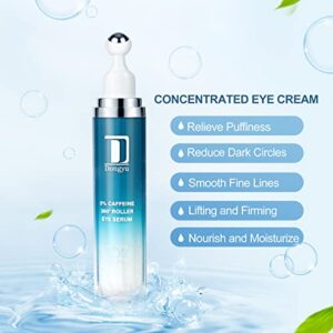 Dongyu 5% Caffeine Eye Serum and Under Eye Roller Cream for Dark Circles and Puffiness, Caffeine Eye Cream with 360° Massage Ball Reduce Wrinkles and Fine Lines, Bags under eyes