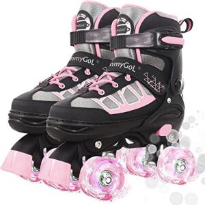mammygol roller skates for kids boys girls, adjustable quad skates with light up wheels for toddler little kids ages 6-12 size 1 2 3 4, beginners outdoor sports, pink