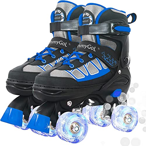 MammyGol Roller Skates for Kids Boys Girls, Adjustable Quad Skates with Light Up Wheels for Toddler Little Kids Ages 6-12 Size 1 2 3 4, Beginners Outdoor Sports, Blue