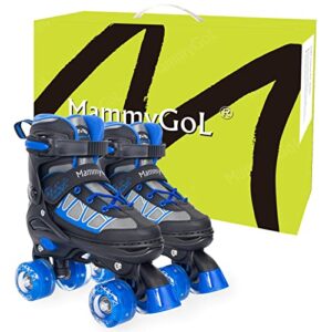 MammyGol Roller Skates for Kids Boys Girls, Adjustable Quad Skates with Light Up Wheels for Toddler Little Kids Ages 6-12 Size 1 2 3 4, Beginners Outdoor Sports, Blue