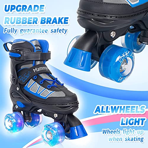 MammyGol Roller Skates for Kids Boys Girls, Adjustable Quad Skates with Light Up Wheels for Toddler Little Kids Ages 6-12 Size 1 2 3 4, Beginners Outdoor Sports, Blue