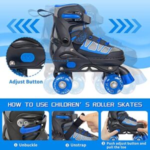 MammyGol Roller Skates for Kids Boys Girls, Adjustable Quad Skates with Light Up Wheels for Toddler Little Kids Ages 6-12 Size 1 2 3 4, Beginners Outdoor Sports, Blue