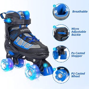 MammyGol Roller Skates for Kids Boys Girls, Adjustable Quad Skates with Light Up Wheels for Toddler Little Kids Ages 6-12 Size 1 2 3 4, Beginners Outdoor Sports, Blue