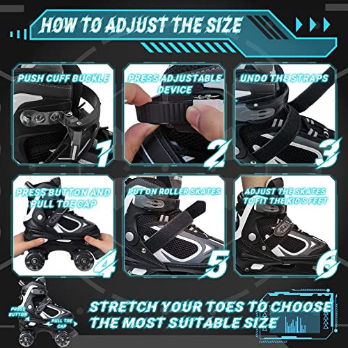 MammyGol Roller Skates for Boys Girls, 4 Sizes Adjustable Quad Skates for Kids with All Light up Wheels, Full Protection for Toddler's Indoor and Outdoor Play Black Size 1 2 3