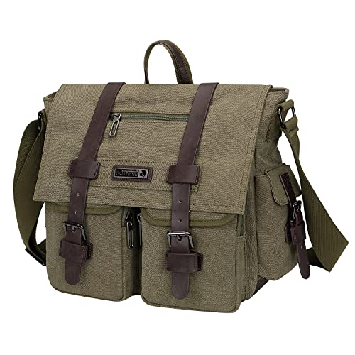 WITZMAN Vintage Canvas Messenger Bag for Men and Women Large Satchel Bags Crossbody with 12 inch Laptop (A8008 army green)