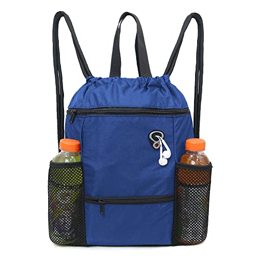 BeeGreen Royal Blue Drawstring Backpack Bag String Cinch Sack Backpack with Zipper Pockets and Mesh Water Bottle Holders Beach Backpack Large 18" L x 15" W Gym Sports Swim Bag