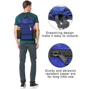 BeeGreen Royal Blue Drawstring Backpack Bag String Cinch Sack Backpack with Zipper Pockets and Mesh Water Bottle Holders Beach Backpack Large 18" L x 15" W Gym Sports Swim Bag