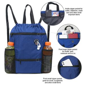 BeeGreen Royal Blue Drawstring Backpack Bag String Cinch Sack Backpack with Zipper Pockets and Mesh Water Bottle Holders Beach Backpack Large 18" L x 15" W Gym Sports Swim Bag