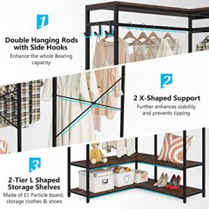 Tribesigns Large Garment Rack L Shaped Clothes Rack Heavy Duty Wood Clothing Rack Freestanding Closet Rackwith 2-Tier Storage Shelves and 6 Hooks for Hanging Clothes, 43" L x 43" W x 70" H