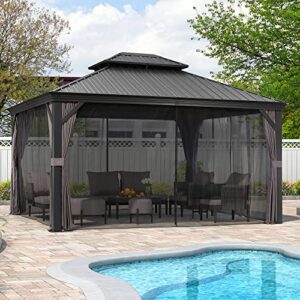 PURPLE LEAF 12' X 14' Hardtop Gazebo Aluminum Permanent Outdoor Gazebo with Galvanized Steel Double Roof for Patio Backyard Curtains and Netting Included Grey