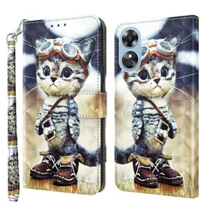 alilang phone case for oppo a17 case, magnetic stand flip pu leather cover with card holder protective shockproof for oppo a17 wallet case-naughty cat