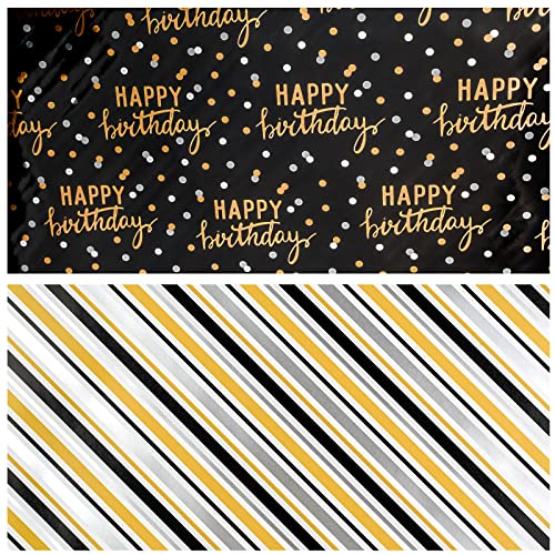 LeZakaa Reversible Birthday Wrapping Paper Roll - Happy Birthday Lettering & Stripe Design with Metallic Foil in Black- 17 inches x 32.8 Feet (46.45 sq.ft.)