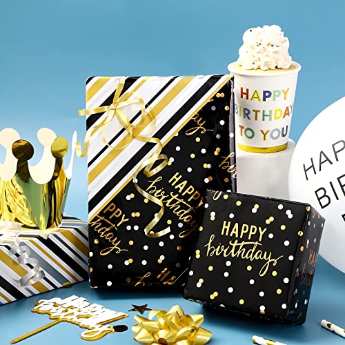LeZakaa Reversible Birthday Wrapping Paper Roll - Happy Birthday Lettering & Stripe Design with Metallic Foil in Black- 17 inches x 32.8 Feet (46.45 sq.ft.)