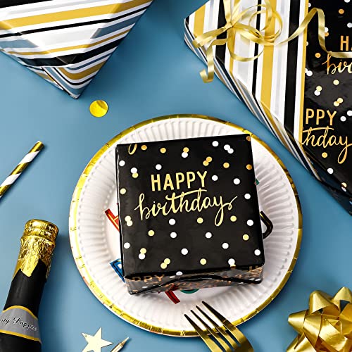 LeZakaa Reversible Birthday Wrapping Paper Roll - Happy Birthday Lettering & Stripe Design with Metallic Foil in Black- 17 inches x 32.8 Feet (46.45 sq.ft.)