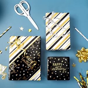 LeZakaa Reversible Birthday Wrapping Paper Roll - Happy Birthday Lettering & Stripe Design with Metallic Foil in Black- 17 inches x 32.8 Feet (46.45 sq.ft.)