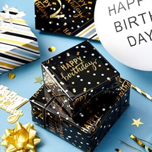 LeZakaa Reversible Birthday Wrapping Paper Roll - Happy Birthday Lettering & Stripe Design with Metallic Foil in Black- 17 inches x 32.8 Feet (46.45 sq.ft.)