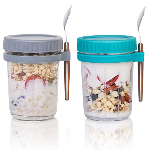 Overnight Oats Jars with Lid and Spoon Set of 2，10 oz Multiple Use Large Capacity Airtight Seal Oatmeal Container with Measurement Marks, Mason Jars with Lid, Grey and Turquoise