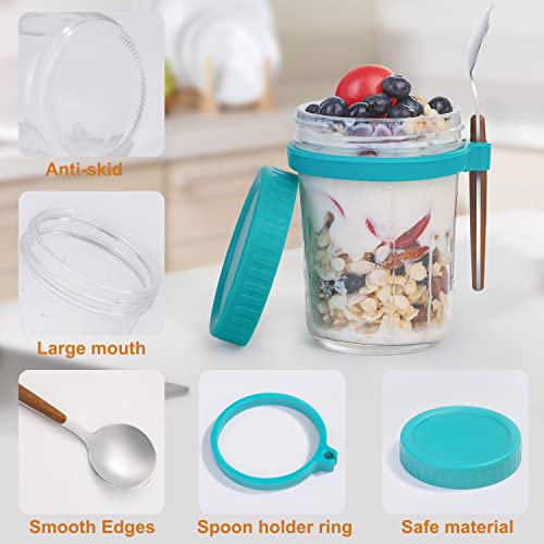 Overnight Oats Jars with Lid and Spoon Set of 2，10 oz Multiple Use Large Capacity Airtight Seal Oatmeal Container with Measurement Marks, Mason Jars with Lid, Grey and Turquoise